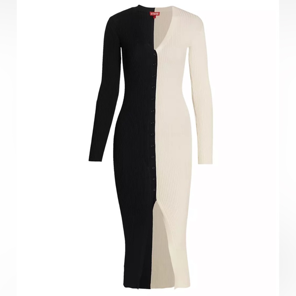 STAUD Shoko Colorblock Body-Con Sweaterdress, Black White XS